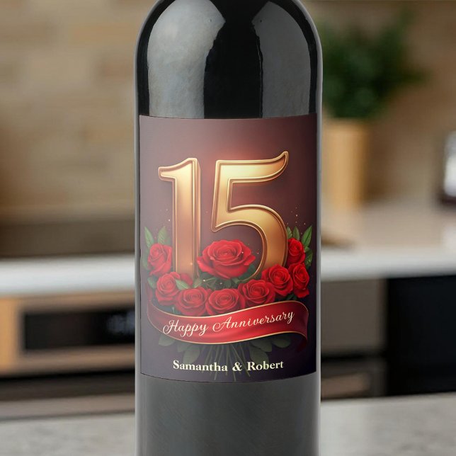 Étiquette Pour Bouteilles De Vin Opulent Roses rouges Gold 15e anniversaire Mariage (Créateur téléchargé)