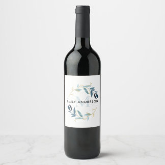 ÉTIQUETTE POUR BOUTEILLES DE VIN OR AQUA BLEU FOLIAGE WATERCOLOR WREATT MONOGRAM