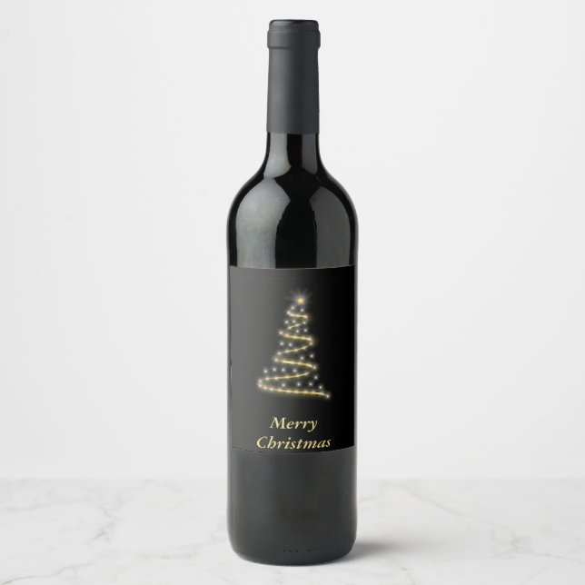 Étiquette Pour Bouteilles De Vin Or brillant sapin de Noël noir (Devant)