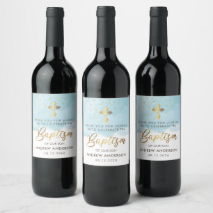 Étiquette Pour Bouteilles De Vin Or Et Bleu Aquarelle Garçon Baptême Merci