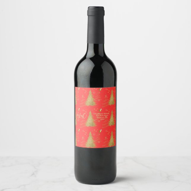 Étiquette Pour Bouteilles De Vin Or JOYEUX sur Noël Rouge (Devant)