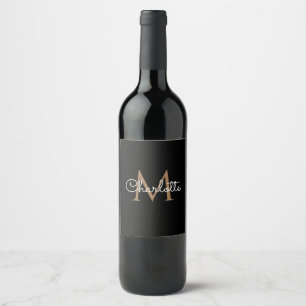 Étiquette Pour Bouteilles De Vin Or Noir Monogramme Élégant Script Féminin