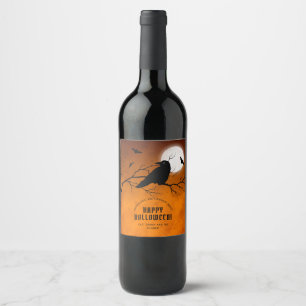 Étiquette Pour Bouteilles De Vin Orange Black Raven Bats Pleine lune Halloween Part