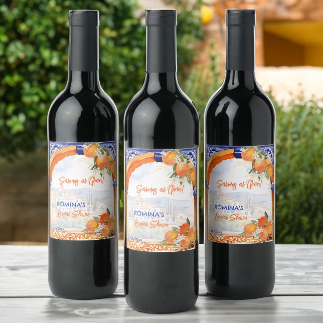 Étiquette Pour Bouteilles De Vin Orange bleu azulejo talavera tuiles douche nuptial (Orange blue azulejo talavera Spanish tiles citrus summer bridal shower favors printed wine labels)
