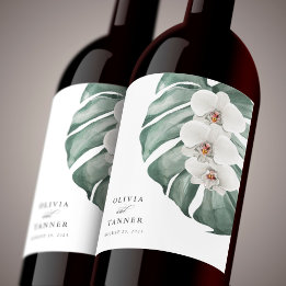 Étiquette Pour Bouteilles De Vin Orchidées blanches sur Monstera Tropical Paradise