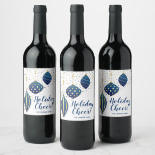 Étiquette Pour Bouteilles De Vin Ornements de Noël en or bleu Dots