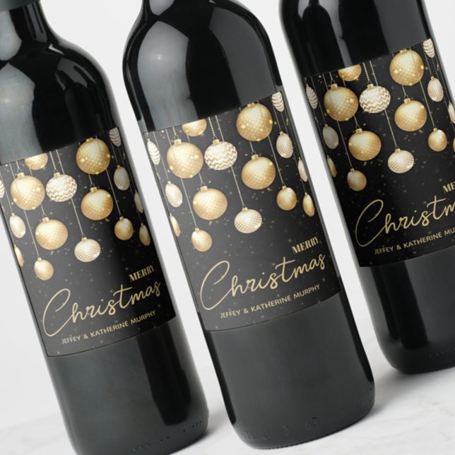 Étiquette Pour Bouteilles De Vin Ornements de Noël Or Noir (Créateur téléchargé)