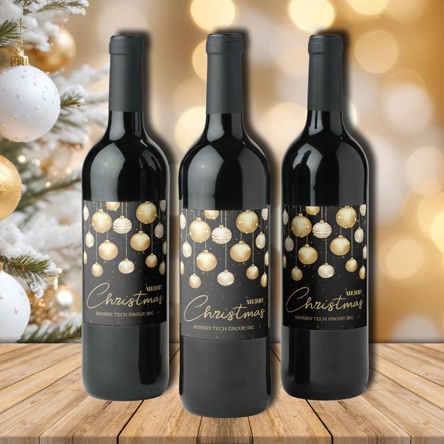 Étiquette Pour Bouteilles De Vin Ornements de Noël sur Cadeau d'Affaires Noir (Christmas tree ornaments  business gift wine bottle labels personalized with your company name)