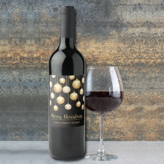 Étiquette Pour Bouteilles De Vin Ornements or sur Noir Joyeux Noël (Créateur téléchargé)