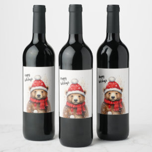 Étiquette Pour Bouteilles De Vin Ours d'hiver dans un Casquette rouge cosy