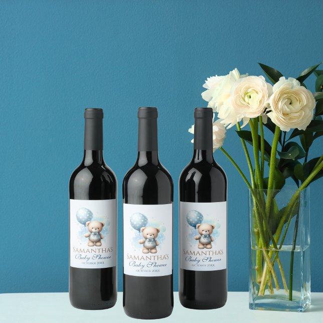 Étiquette Pour Bouteilles De Vin Ours en peluche & Ballons Bleu Bébé Garçon Douche  (Créateur téléchargé)