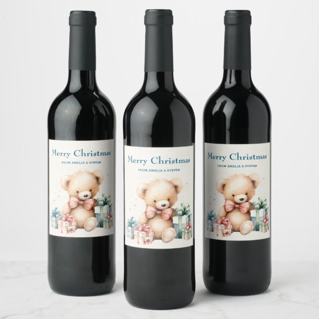 Étiquette Pour Bouteilles De Vin Ours en peluche mignonne avec cadeaux Joyeux Noël (Bouteilles)