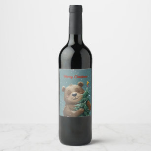 Étiquette Pour Bouteilles De Vin Ours mignon et joyeux qui embrasse l'arbre de Noël