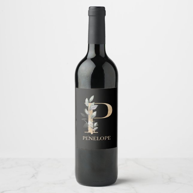 Étiquette Pour Bouteilles De Vin P monogramme floral personnalisé (Devant)