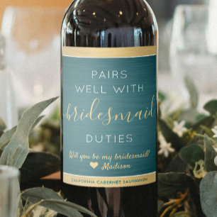 Étiquette Pour Bouteilles De Vin Pairs Bien Bridesmaid Proposition Brossé Turquoise