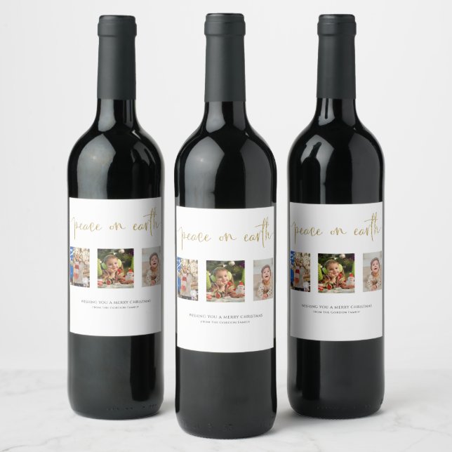 Étiquette Pour Bouteilles De Vin Paix sur Terre Noël 3 Photo Collage Parties scinti (Bouteilles)
