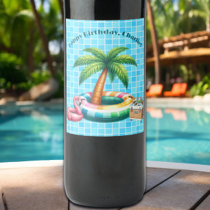 Étiquette Pour Bouteilles De Vin Palm Trees Pool Flamant rose de fête Anniversaire