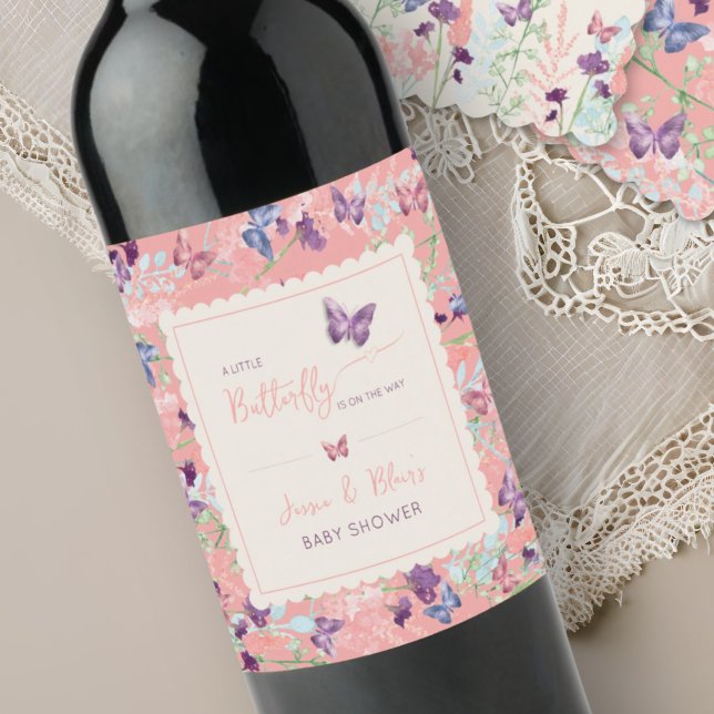 Étiquette Pour Bouteilles De Vin Papillon Garden Pastel Baby shower Fleur sauvage (Créateur téléchargé)