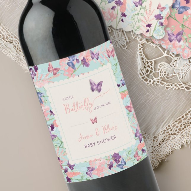 Étiquette Pour Bouteilles De Vin Papillon Garden Pastel Baby shower Fleur sauvage (Créateur téléchargé)