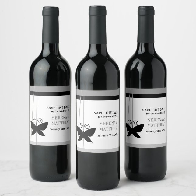 Étiquette Pour Bouteilles De Vin Papillon noir Enregistrer la date (Bouteilles)