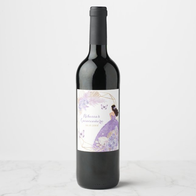 Étiquette Pour Bouteilles De Vin Papillon violet de Boho Princesa Quinceañera (Devant)
