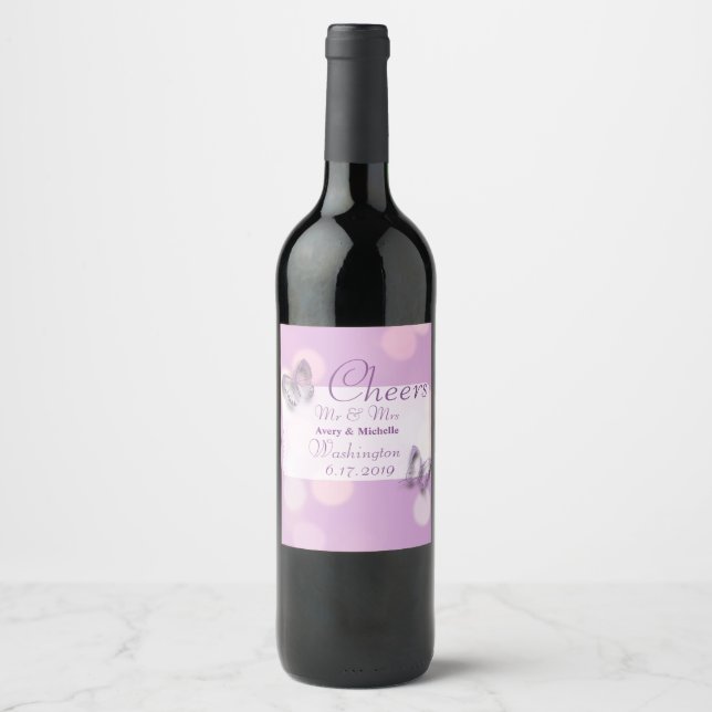 Étiquette Pour Bouteilles De Vin Papillon Violet Mariage Personnalisé (Devant)
