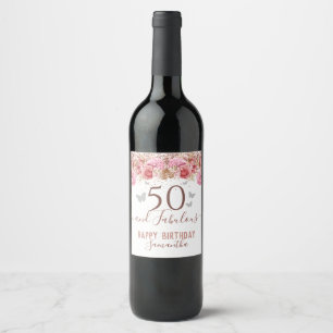 Étiquette Pour Bouteilles De Vin Papillons floraux rose joyeux 50e anniversaire