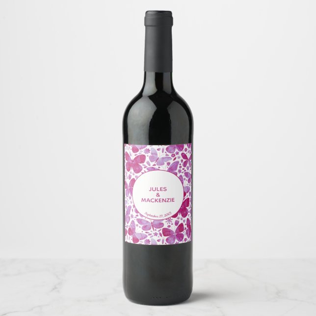 Étiquette Pour Bouteilles De Vin Papillons Magenta rose et blanc (Devant)