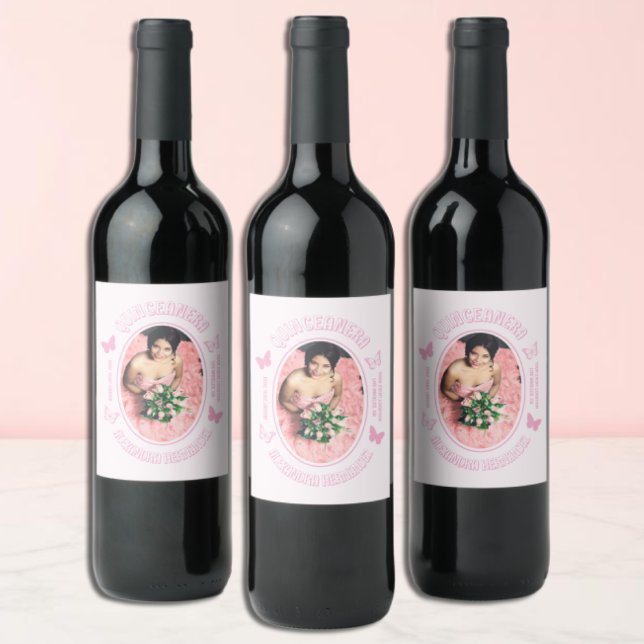 Étiquette Pour Bouteilles De Vin Papillons roses Quinceanera (Créateur téléchargé)