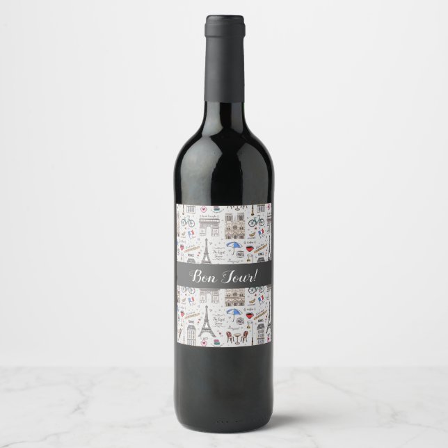 Étiquette Pour Bouteilles De Vin Paris Doodles personnalisable (Devant)