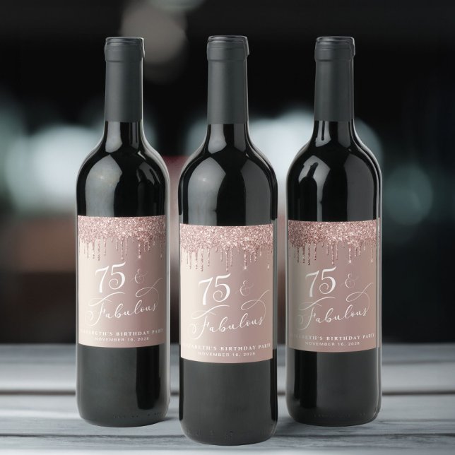 Étiquette Pour Bouteilles De Vin Parties scintillant d'or rose 75e fête d'anniversa (Créateur téléchargé)