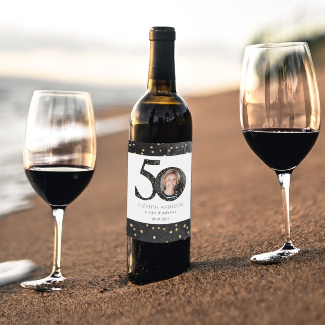 Étiquette Pour Bouteilles De Vin Parties scintillant noire 50 & Fabulous Photo (Créateur téléchargé)