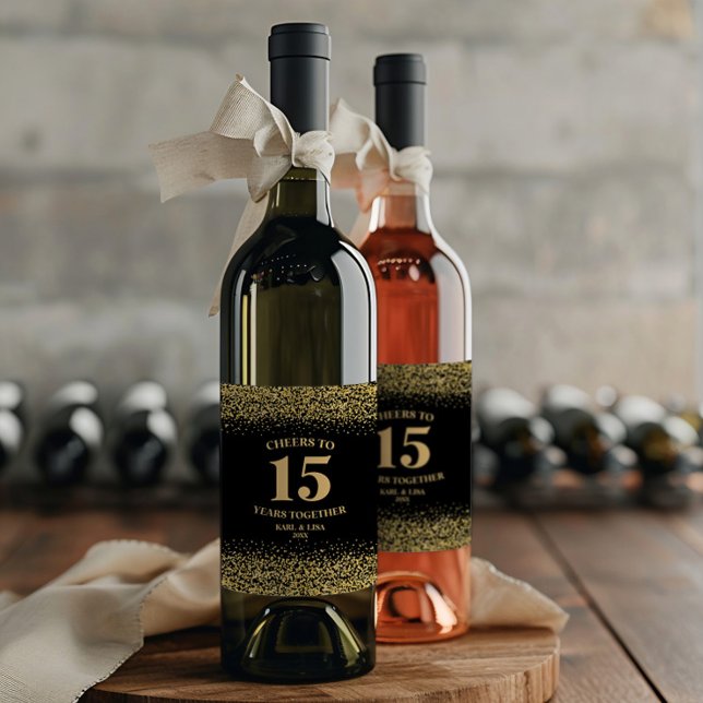 Étiquette Pour Bouteilles De Vin Parties scintillant Noire Or, À 15 Ans (Créateur téléchargé)