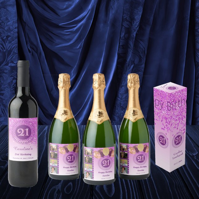 Étiquette Pour Bouteilles De Vin Parties scintillant rose tendance 21e anniversaire (Créateur téléchargé)