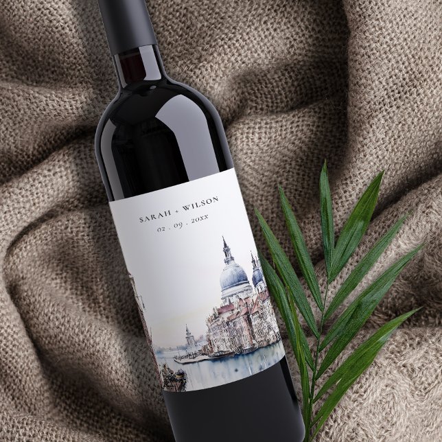 Étiquette Pour Bouteilles De Vin Pastel Venice Italie Canaux Aquarelle Mariage (Créateur téléchargé)