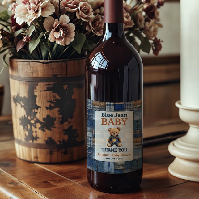 Étiquette Pour Bouteilles De Vin Patchwork Western Denim Bear Blue Jean Baby Shower (Créateur téléchargé)