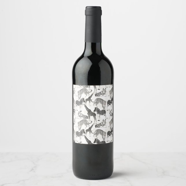 Étiquette Pour Bouteilles De Vin Patters de Stylish Black et White Jungle Animals (Devant)