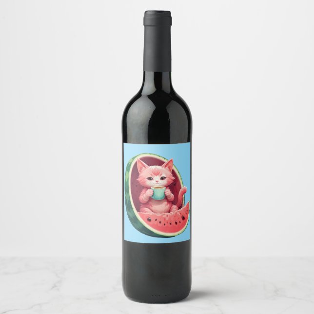 Étiquette Pour Bouteilles De Vin Pause café Chat Pastèque (Devant)
