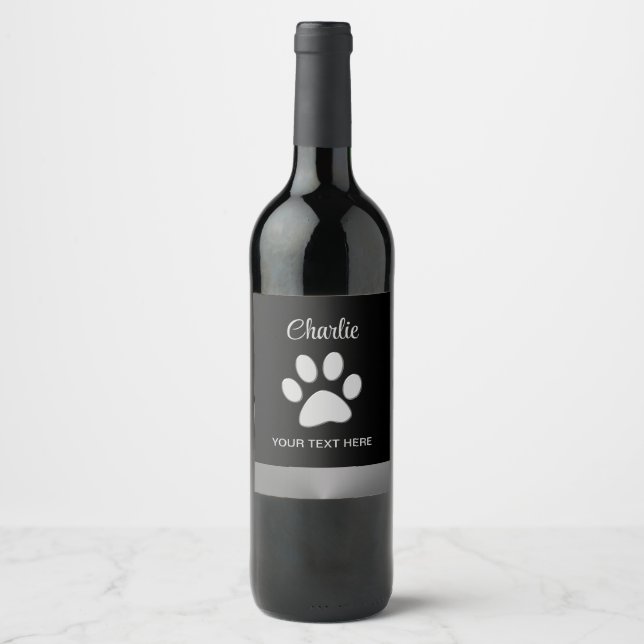 Étiquette Pour Bouteilles De Vin Paw Chien Argent sur arrière - plan noir (Devant)