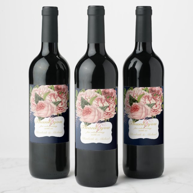 Étiquette Pour Bouteilles De Vin Pays Bleu bleu rose Roses Marine MERCI or (Bouteilles)