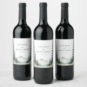 Étiquette Pour Bouteilles De Vin Paysage de montagne serein à l'aquarelle en eau ve