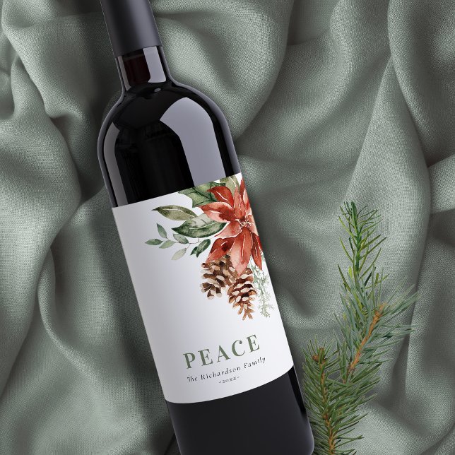 Étiquette Pour Bouteilles De Vin Peace Poinsettia Bund'aquarelle Pine Noël (Créateur téléchargé)