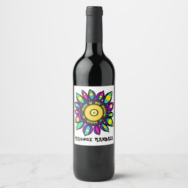 ÉTIQUETTE POUR BOUTEILLES DE VIN PEACOCK MANDALA (Devant)