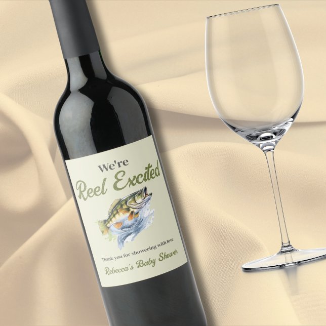 Étiquette Pour Bouteilles De Vin Pêche Sage Green Reel Baby shower excité (Créateur téléchargé)