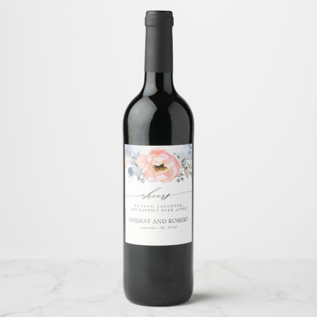 Étiquette Pour Bouteilles De Vin Pêcher Floral Boho Dusty Blue (Devant)