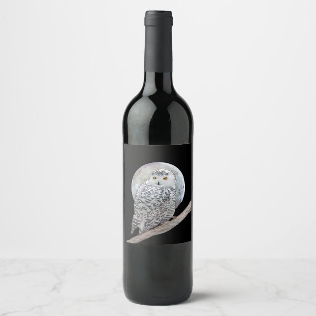 Étiquette Pour Bouteilles De Vin Peinture sur la Chouette neigeuse et la Lune - Art (Devant)