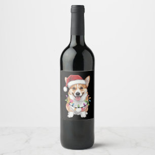 Étiquette Pour Bouteilles De Vin Pembroke Welsh Corgi Père Noël Lumières de l'Arbre