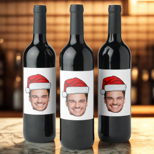 Étiquette Pour Bouteilles De Vin Père Noël Chapeau de Noël Photo de Visage Personna
