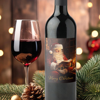 Étiquette Pour Bouteilles De Vin Père Noël vintage Lecture d'un livre
