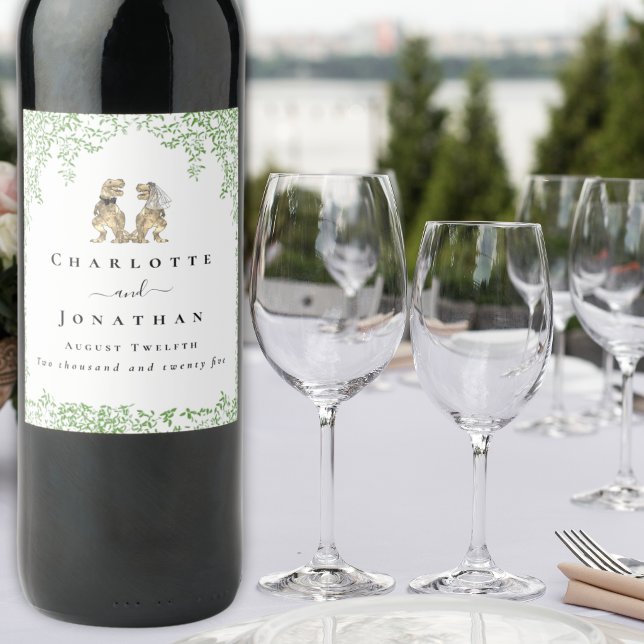 Étiquette Pour Bouteilles De Vin Personalized Dinosaur Bride & Groom Wedding (T-Rex bride and groom dinosaur wedding custom wine labels Watercolor eucalyptus foliage T-Rex couple)